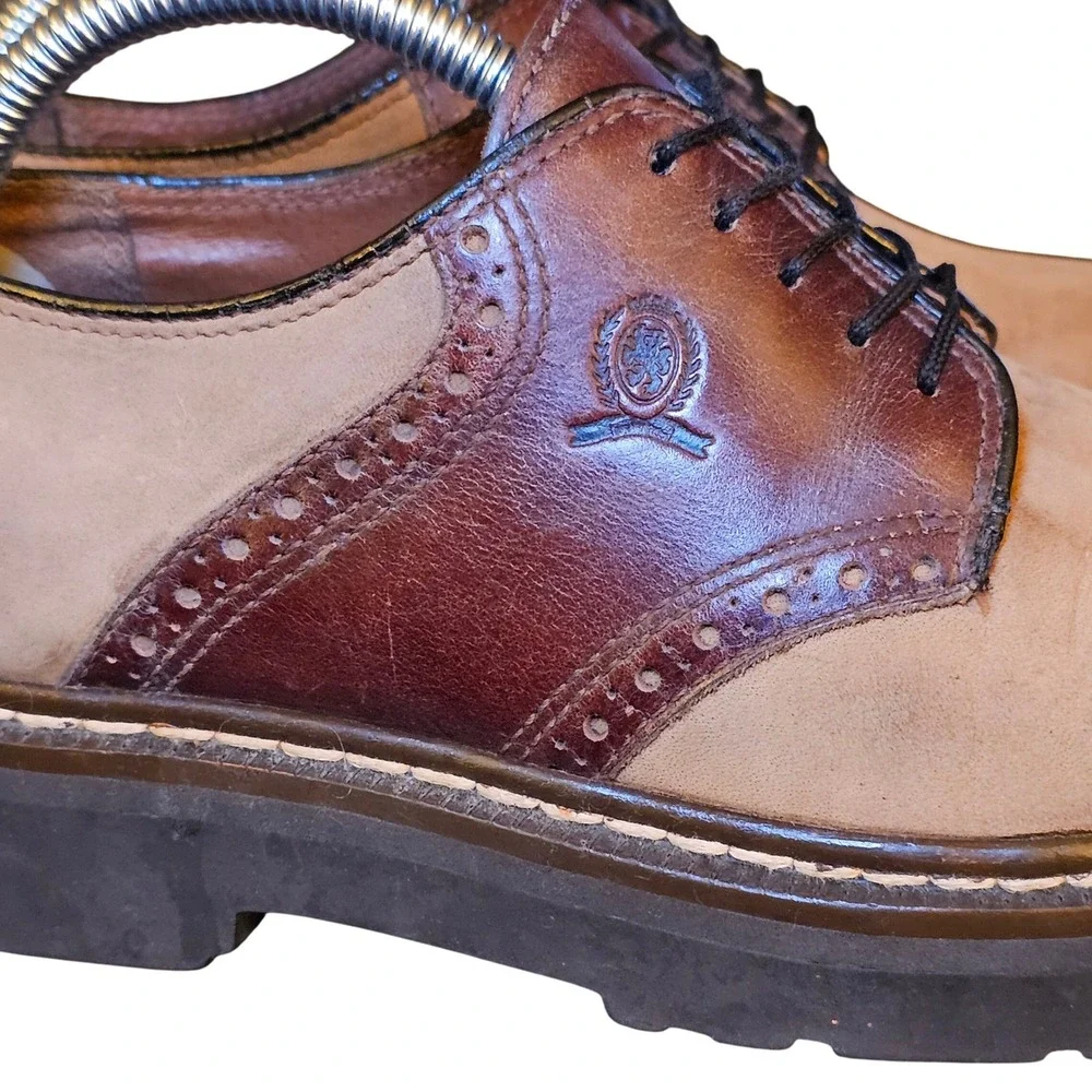 90s Vintage Tommy Hilfiger Men Saddle Shoe Tan Leather Suede Lace Up Size 7.5‎ M